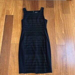 Eileen Fisher Black and charcoal striped sheath knit dress.